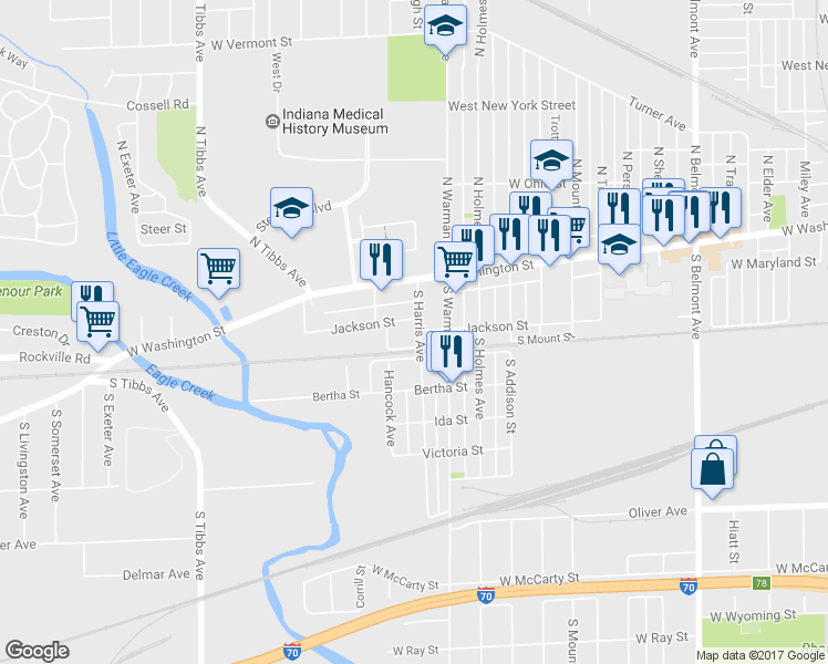 map of restaurants, bars, coffee shops, grocery stores, and more near 116 South Harris Avenue in Indianapolis