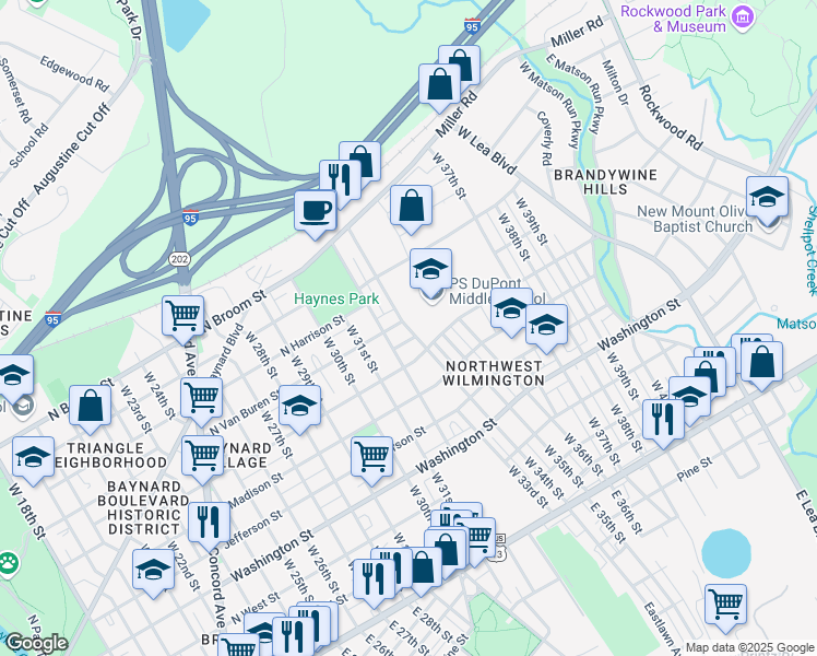 map of restaurants, bars, coffee shops, grocery stores, and more near 701 West 34th Street in Wilmington