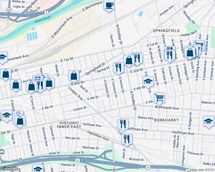 map of restaurants, bars, coffee shops, grocery stores, and more near 42 South Garfield Street in Dayton