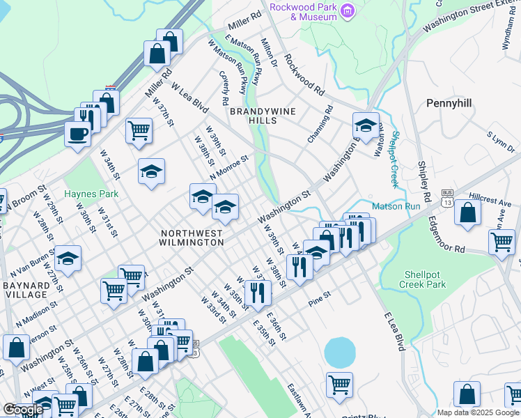 map of restaurants, bars, coffee shops, grocery stores, and more near 309 West 39th Street in Wilmington