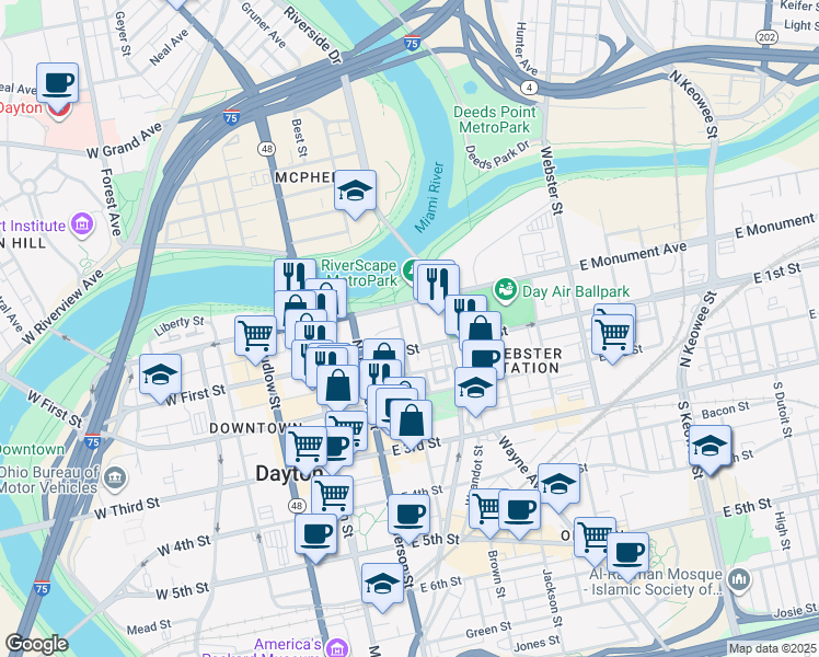 map of restaurants, bars, coffee shops, grocery stores, and more near 222 North Saint Clair Street in Dayton