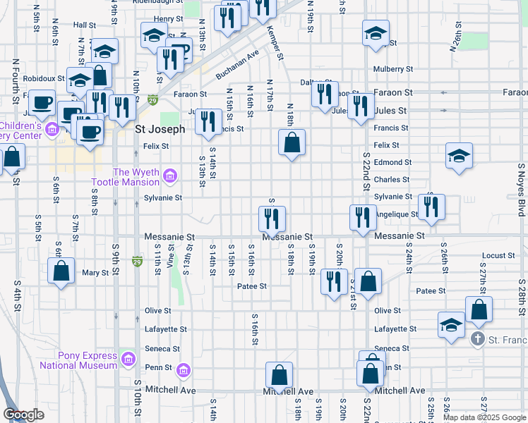 map of restaurants, bars, coffee shops, grocery stores, and more near 1607 Angelique Street in Saint Joseph
