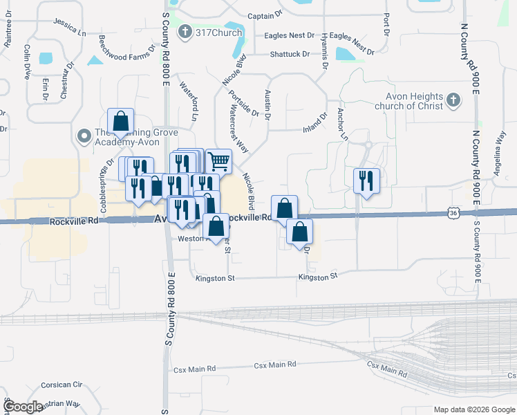 map of restaurants, bars, coffee shops, grocery stores, and more near 8307 Crestview Circle in Avon