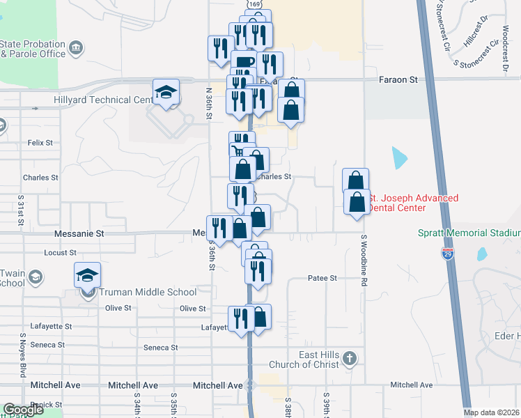 map of restaurants, bars, coffee shops, grocery stores, and more near 411-441 North Belt Highway in Saint Joseph