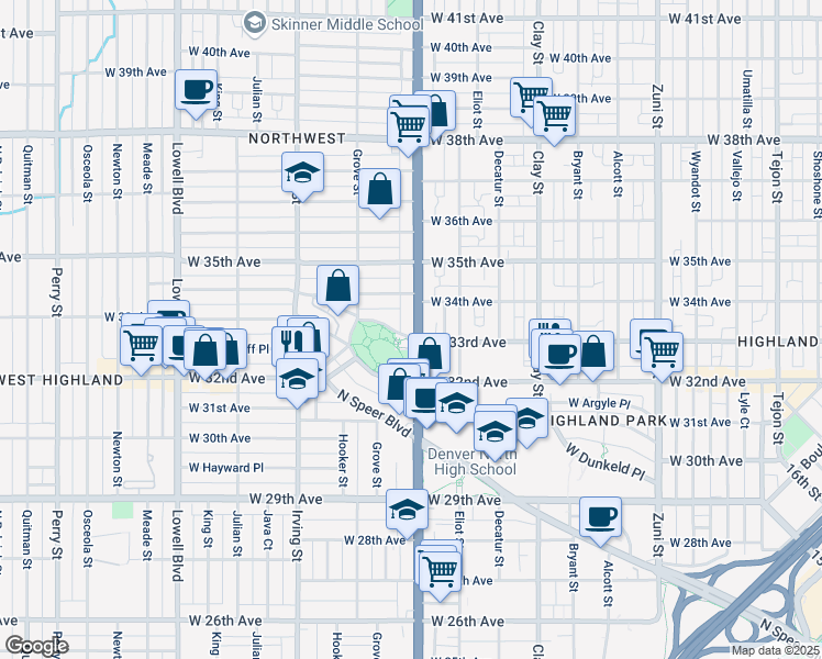 map of restaurants, bars, coffee shops, grocery stores, and more near 3305 Federal Boulevard in Denver