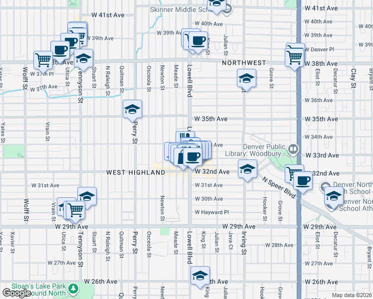 map of restaurants, bars, coffee shops, grocery stores, and more near 3494 West 33rd Avenue in Denver