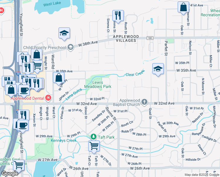 map of restaurants, bars, coffee shops, grocery stores, and more near 3333 Simms Street in Wheat Ridge