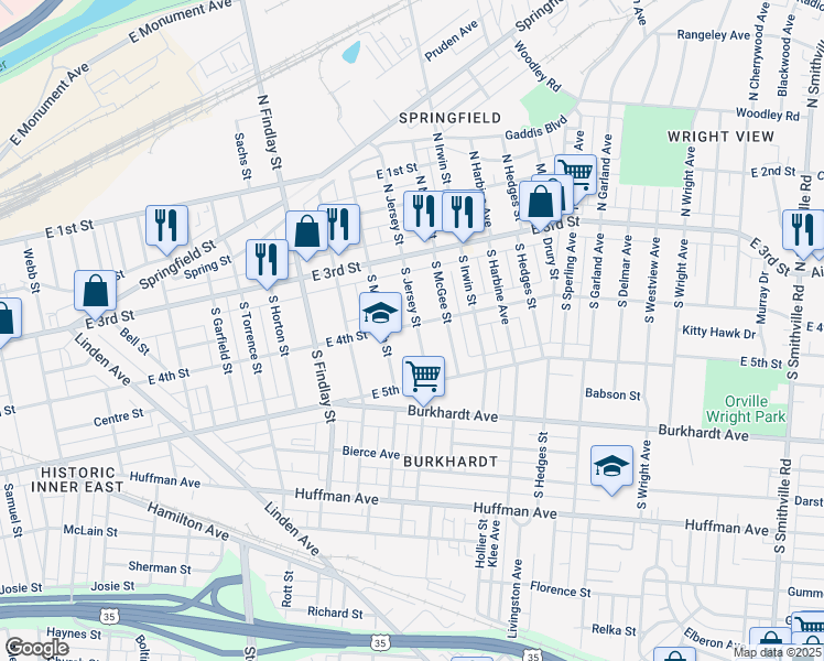 map of restaurants, bars, coffee shops, grocery stores, and more near 2724 East 4th Street in Dayton