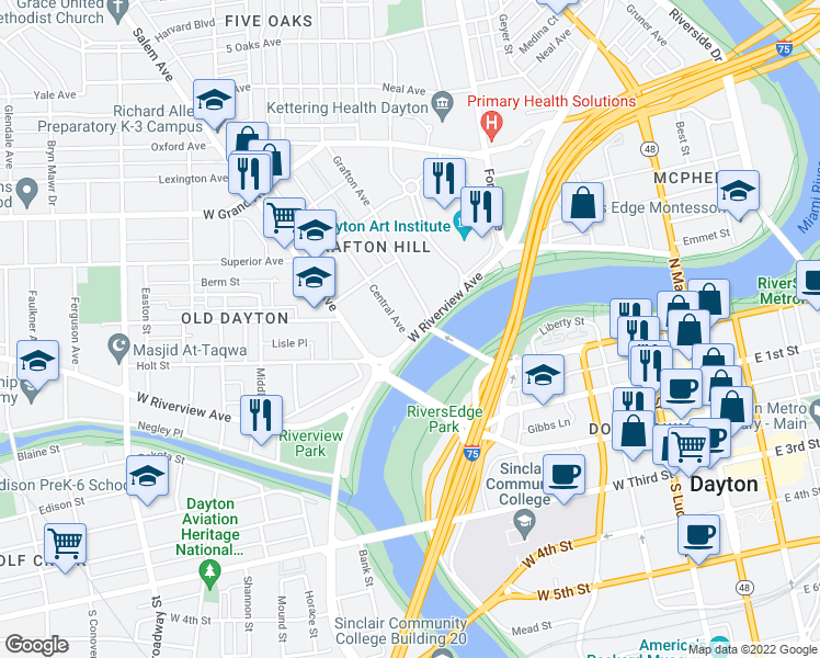 map of restaurants, bars, coffee shops, grocery stores, and more near 617 West Riverview Avenue in Dayton
