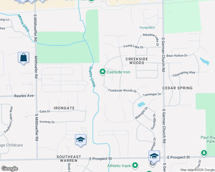 map of restaurants, bars, coffee shops, grocery stores, and more near 10511 Creekside Woods Drive in Indianapolis