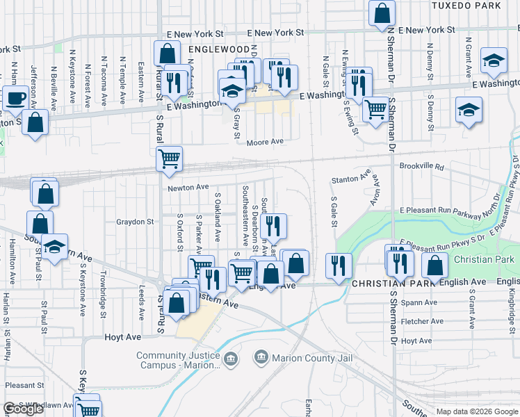 map of restaurants, bars, coffee shops, grocery stores, and more near 265 South Dearborn Street in Indianapolis