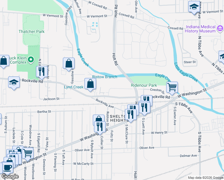 map of restaurants, bars, coffee shops, grocery stores, and more near 3837 Creston Drive in Indianapolis