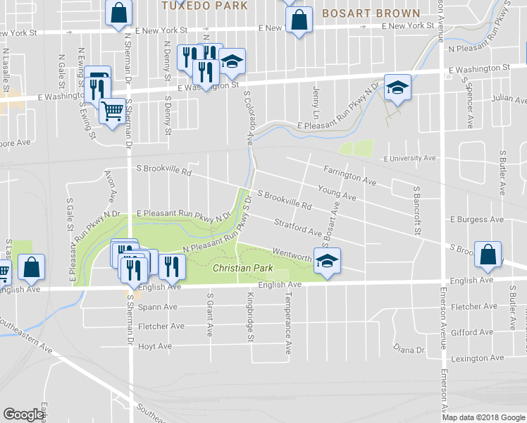 map of restaurants, bars, coffee shops, grocery stores, and more near 4524 Stratford Avenue in Indianapolis