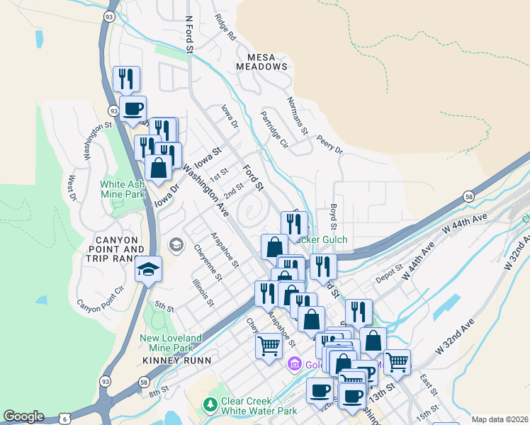 map of restaurants, bars, coffee shops, grocery stores, and more near 308 Goldco Circle in Golden