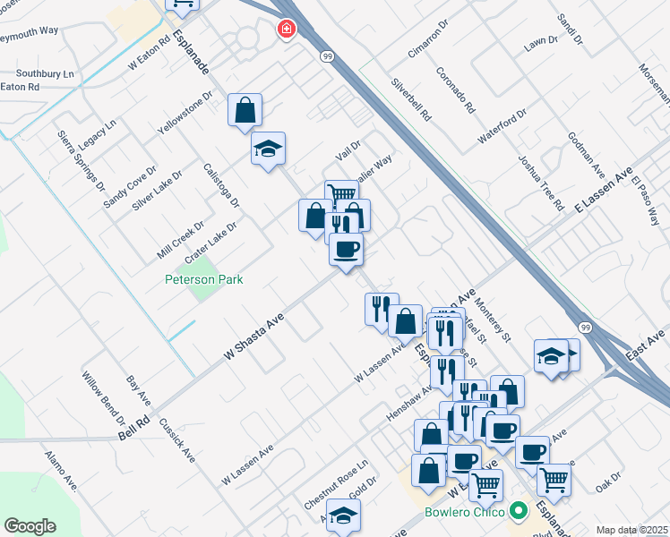 map of restaurants, bars, coffee shops, grocery stores, and more near 116 West Shasta Avenue in Chico