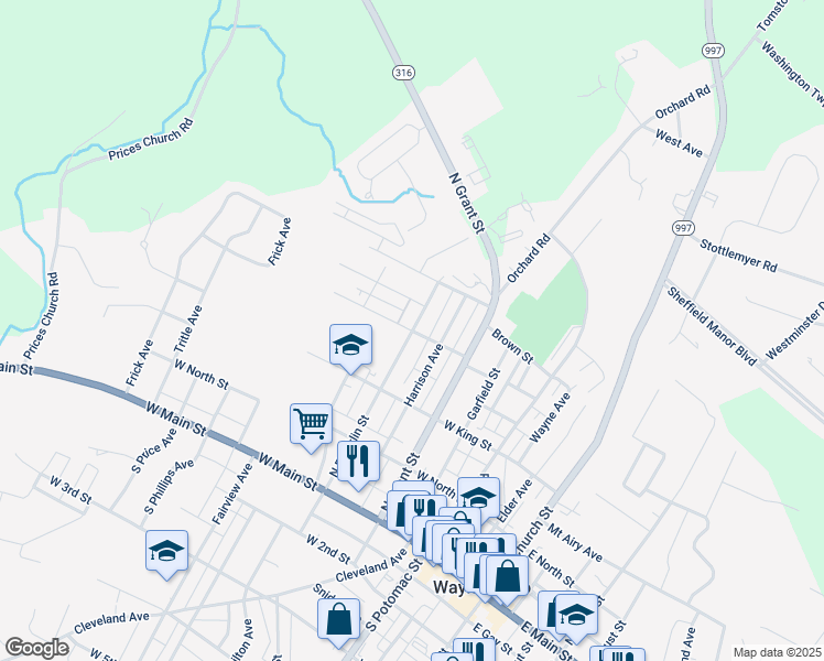 map of restaurants, bars, coffee shops, grocery stores, and more near 301 North Franklin Street in Waynesboro