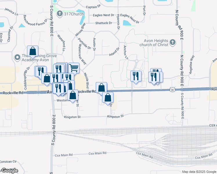 map of restaurants, bars, coffee shops, grocery stores, and more near 33 Corottoman Court in Avon