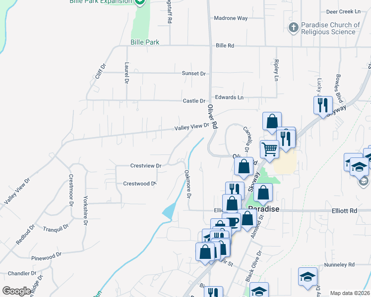 map of restaurants, bars, coffee shops, grocery stores, and more near 6020 Crestview Drive in Paradise