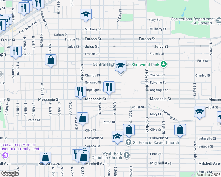 map of restaurants, bars, coffee shops, grocery stores, and more near 425 South 25th Street in Saint Joseph