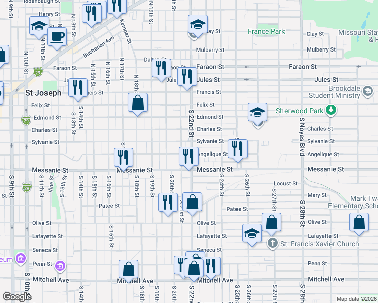 map of restaurants, bars, coffee shops, grocery stores, and more near 422 South 22nd Street in Saint Joseph