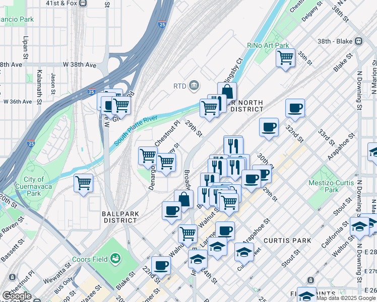 map of restaurants, bars, coffee shops, grocery stores, and more near in Denver