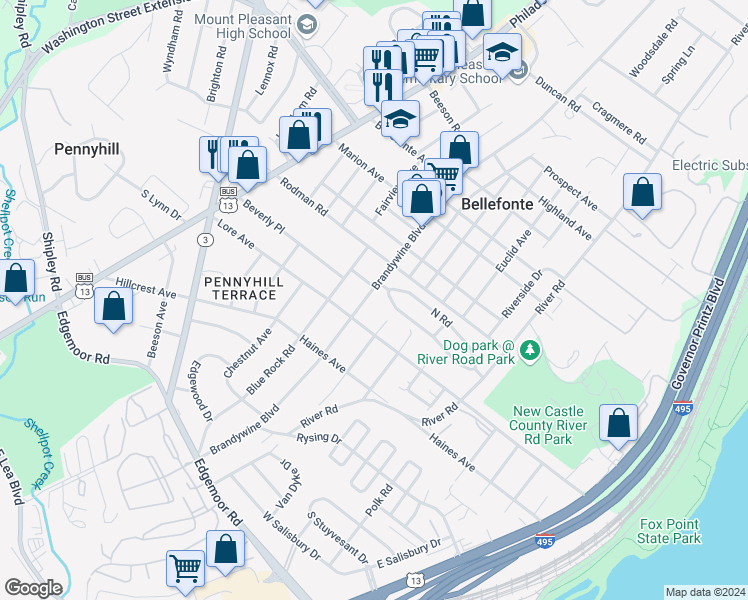 map of restaurants, bars, coffee shops, grocery stores, and more near 418 Brandywine Boulevard in Edgemoor