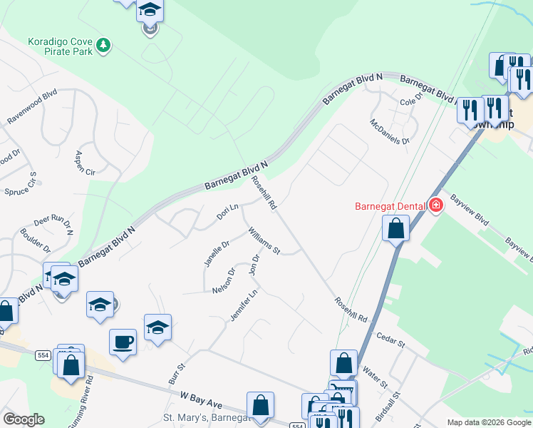 map of restaurants, bars, coffee shops, grocery stores, and more near 18 Williams Street in Barnegat Township