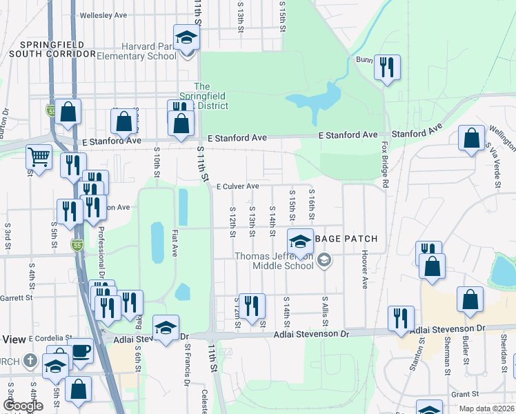 map of restaurants, bars, coffee shops, grocery stores, and more near 2814 South 13th Street in Springfield