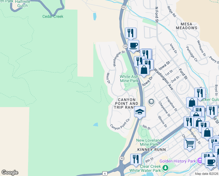 map of restaurants, bars, coffee shops, grocery stores, and more near 180 Washington Street in Golden