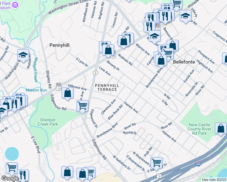 map of restaurants, bars, coffee shops, grocery stores, and more near 304 Woodside Avenue in Wilmington