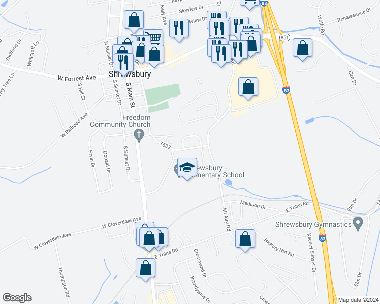 map of restaurants, bars, coffee shops, grocery stores, and more near 124 Buchanan Avenue in Shrewsbury