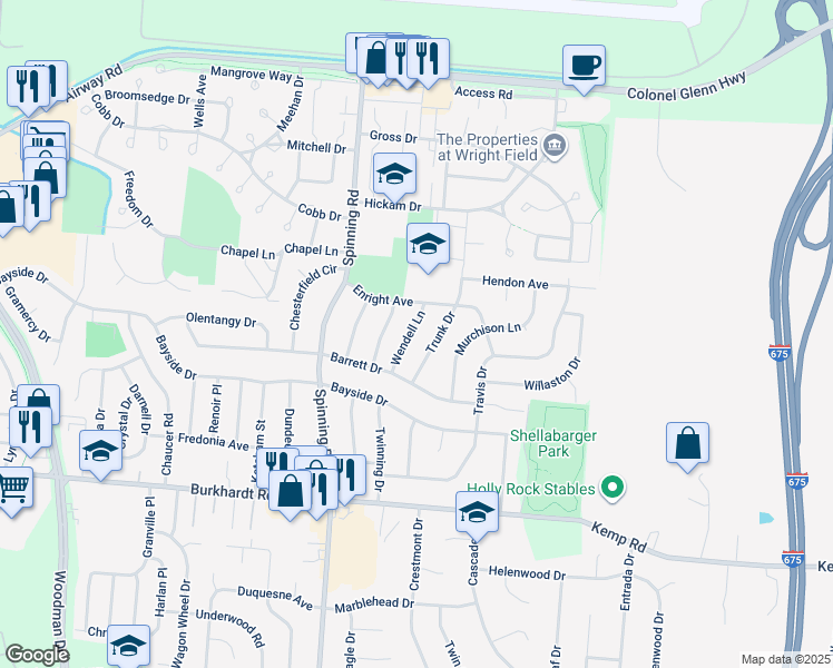 map of restaurants, bars, coffee shops, grocery stores, and more near 340 Wendell Lane in Dayton