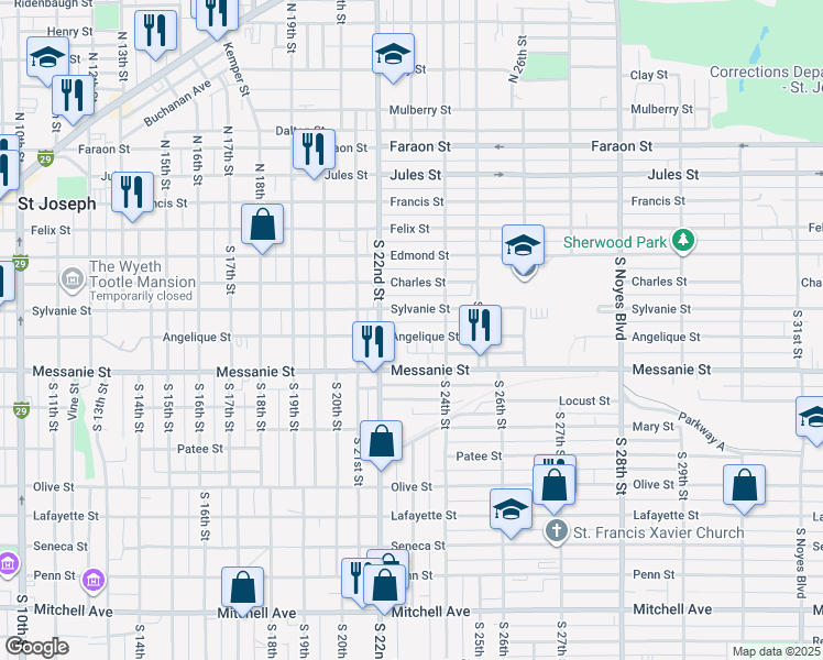 map of restaurants, bars, coffee shops, grocery stores, and more near 2225 Angelique Street in Saint Joseph