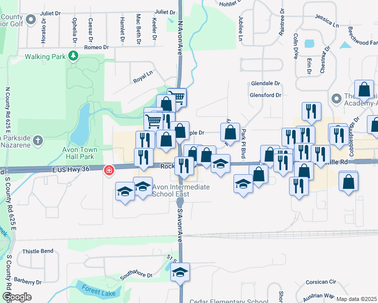 map of restaurants, bars, coffee shops, grocery stores, and more near 72 Venable Drive in Avon