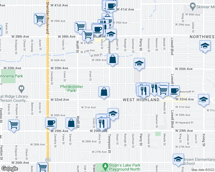 map of restaurants, bars, coffee shops, grocery stores, and more near 3277 Tennyson Street in Denver
