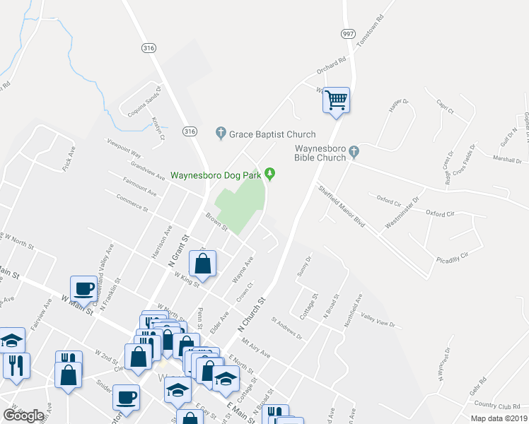 map of restaurants, bars, coffee shops, grocery stores, and more near 612 North Potomac Street in Waynesboro