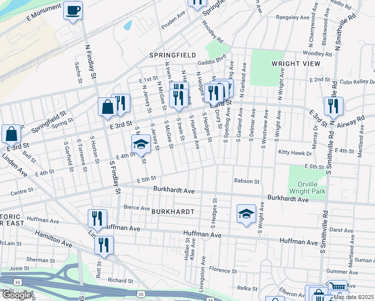 map of restaurants, bars, coffee shops, grocery stores, and more near 122 South Irwin Street in Dayton