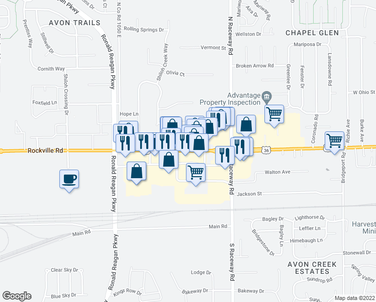 map of restaurants, bars, coffee shops, grocery stores, and more near 10841 U.S. 36 in Avon