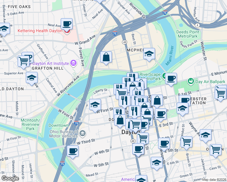 map of restaurants, bars, coffee shops, grocery stores, and more near 115 West Monument Avenue in Dayton