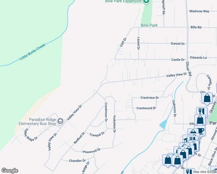map of restaurants, bars, coffee shops, grocery stores, and more near 372 Valley View Drive in Paradise
