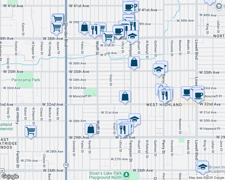 map of restaurants, bars, coffee shops, grocery stores, and more near 3270 Vrain Street in Denver