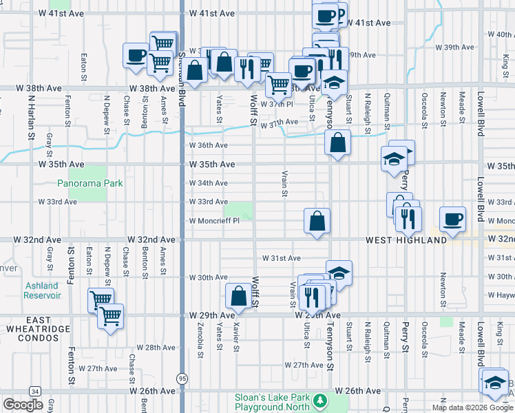 map of restaurants, bars, coffee shops, grocery stores, and more near 4703 West Moncrieff Place in Denver