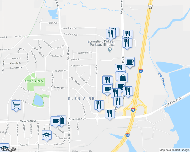 map of restaurants, bars, coffee shops, grocery stores, and more near 101 Adloff Lane in Springfield