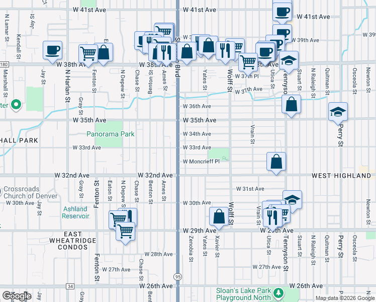 map of restaurants, bars, coffee shops, grocery stores, and more near 3270 Zenobia Street in Denver