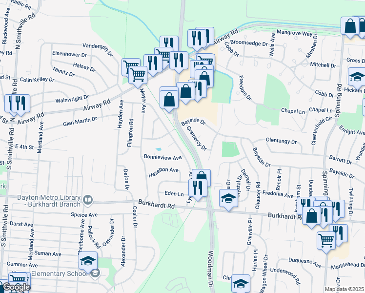 map of restaurants, bars, coffee shops, grocery stores, and more near 130 Lynnhaven Drive in Dayton