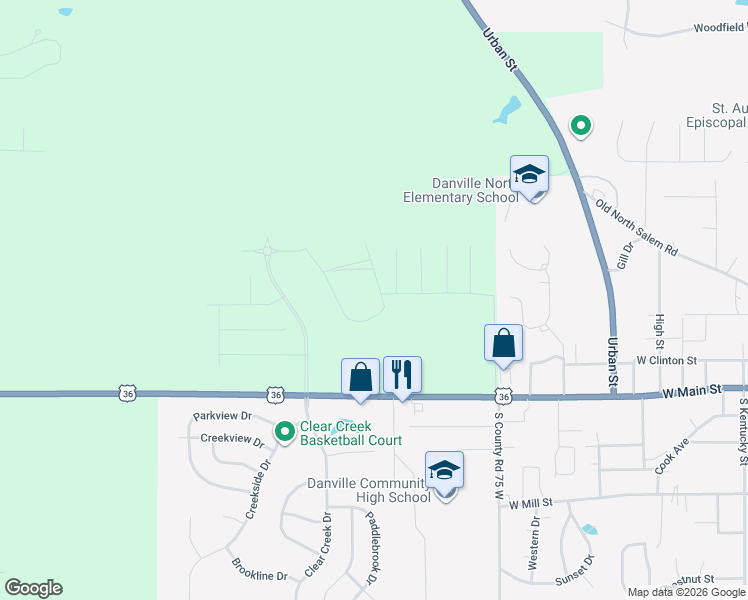 map of restaurants, bars, coffee shops, grocery stores, and more near 1308 U.S. 36 in Danville