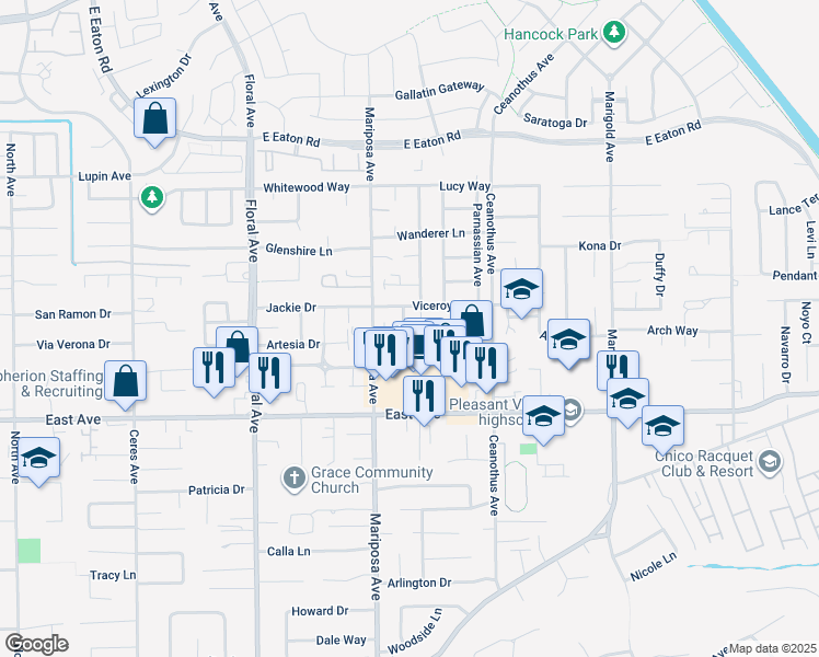 map of restaurants, bars, coffee shops, grocery stores, and more near 1101 Admiral Lane in Chico