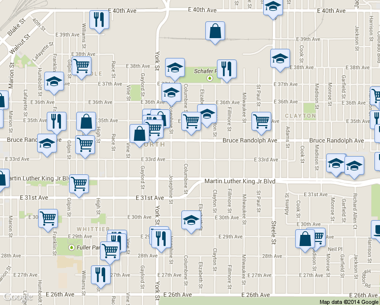 map of restaurants, bars, coffee shops, grocery stores, and more near 3311 Elizabeth Street in Denver