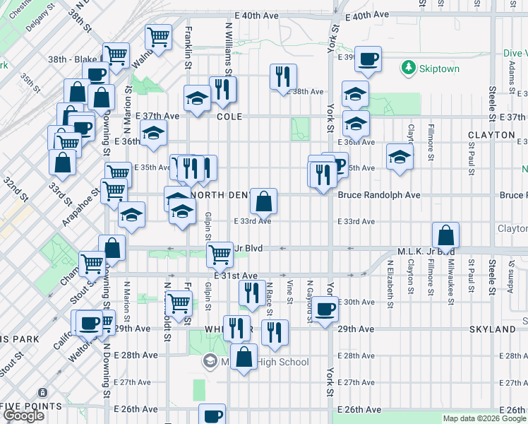 map of restaurants, bars, coffee shops, grocery stores, and more near 3309 Race Street in Denver