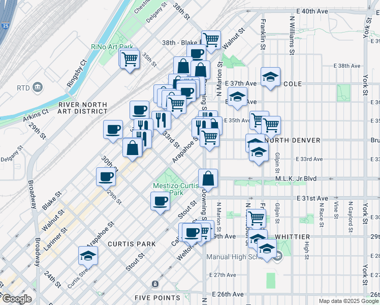 map of restaurants, bars, coffee shops, grocery stores, and more near in Denver
